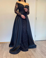 Long A-line Off the Shoulder Lace Detachable Black Formal Dress with Sleeves