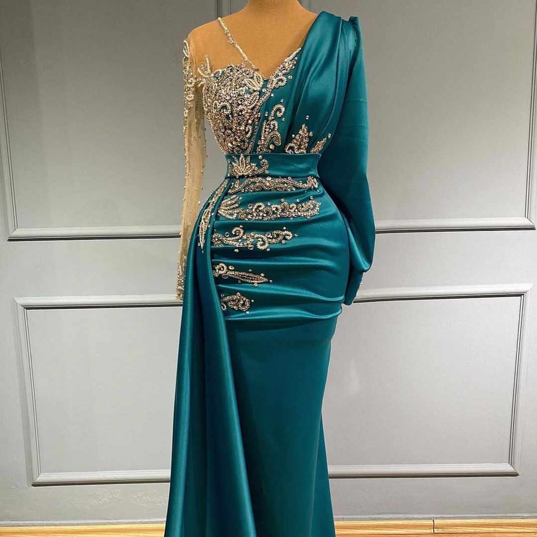 Long Mermaid V-neck Satin Fomral Evening Dress with Sleeves
