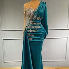 Long Mermaid V-neck Satin Fomral Evening Dress with Sleeves