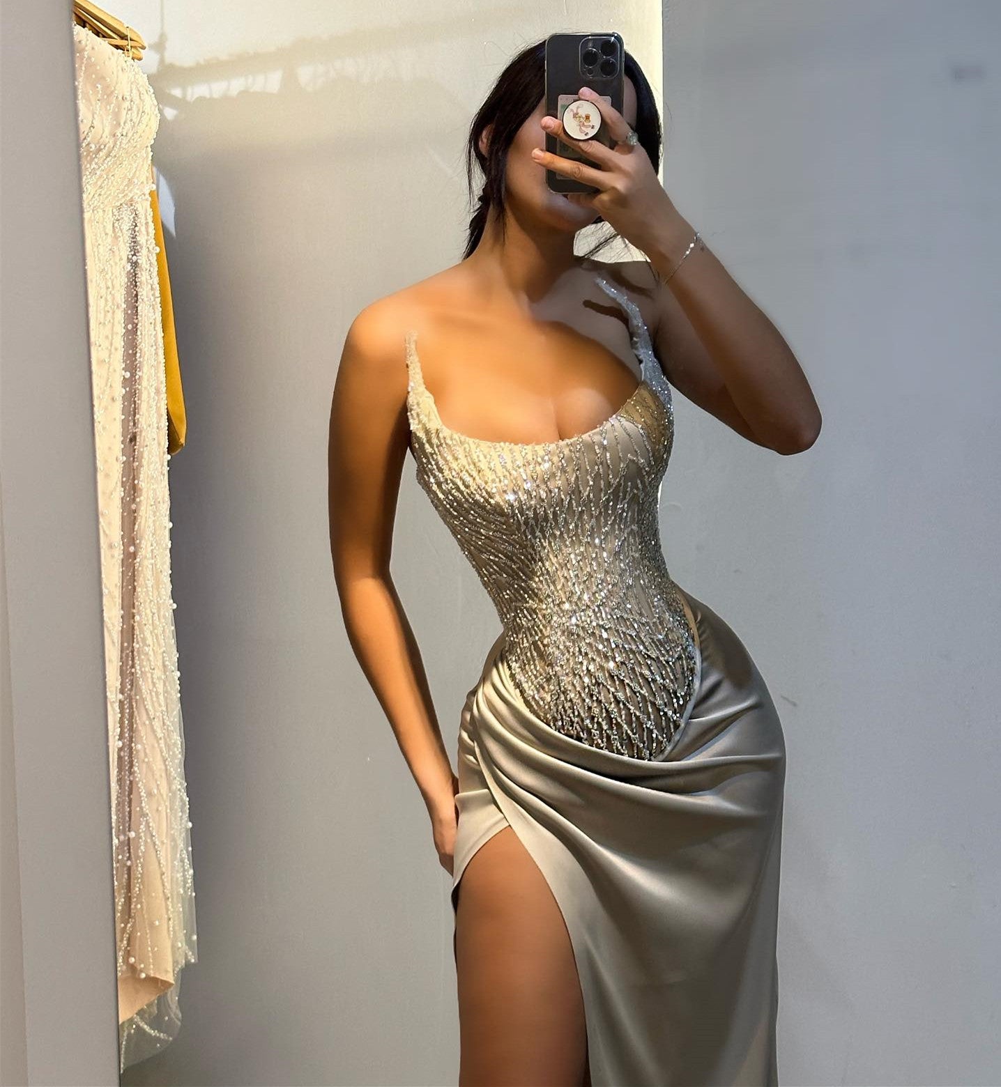 Long Mermaid Spaghetti Straps Scoop Neck Satin Prom Dress with High Split