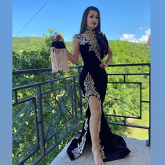Sexy Black High Neck Appliques Lace Velvet Mermaid Formal Evening Dress With Slit