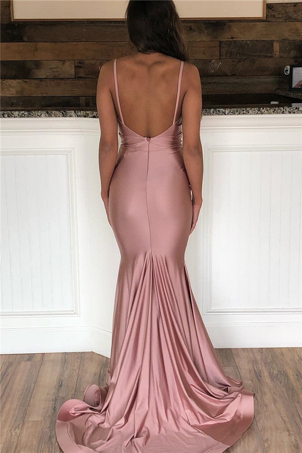Long V-neck Mermaid Floor Length Spaghetti Straps Prom Dress With Ruffles