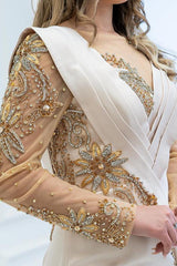 Elegant Long Sleeves Mermaid V-neck Satin Tulle Beading Evening Formal Dress