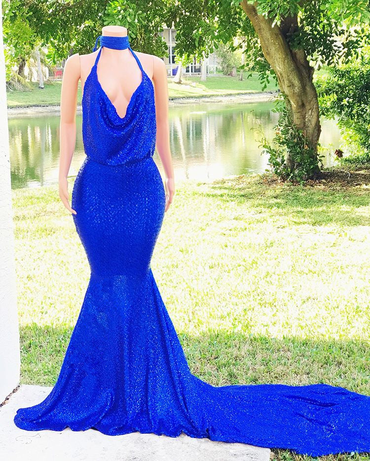 Long V-neck Mermaid Sequin Royal Blue Prom Dress