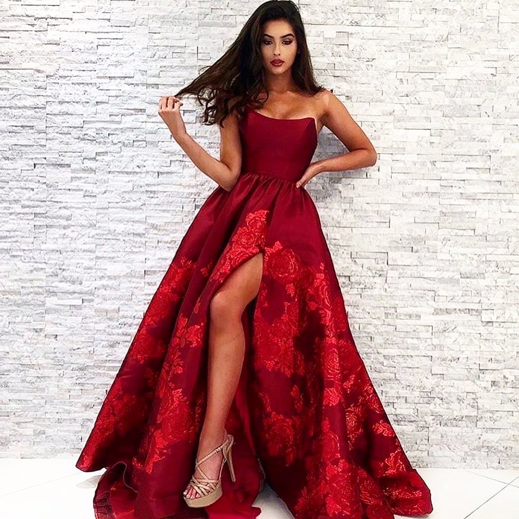 Long A-line Strapless Backless Floor Length Ruffles Satin Prom Dress With Split
