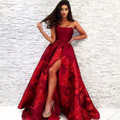 Long A-line Strapless Backless Floor Length Ruffles Satin Prom Dress With Split