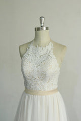 Elegant Long Halter Lace Tulle A-line Wedding Dress