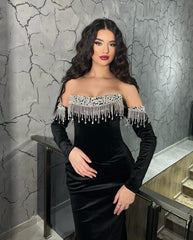 Black Off The Shoulder Long Sleeve Mermaid Formal Dress with Tassels