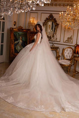 Luxury White Long Ball Gown V-neck Backless Tulle Lace Wedding Dress