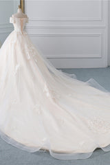 Long Ball Gown Off the Shoulder Tulle Wedding Dress with Appliques Lace