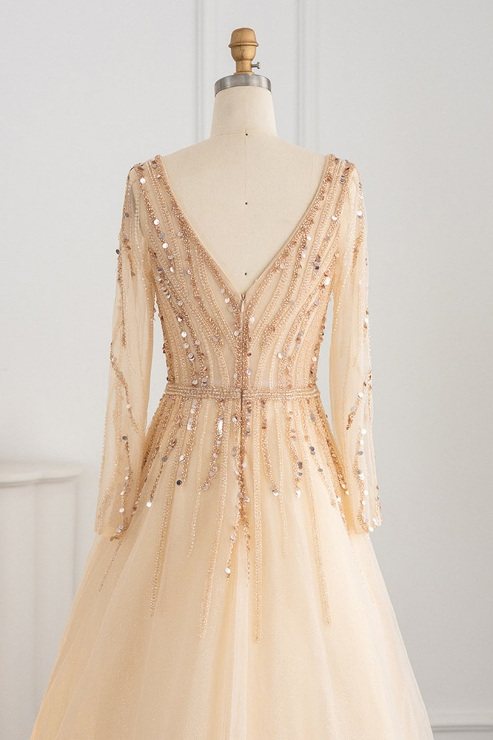 Long A-line V-neck Sequins Beading Tulle Formal Prom Dresses with Sleeves