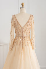 Long A-line V-neck Sequins Beading Tulle Formal Prom Dresses with Sleeves