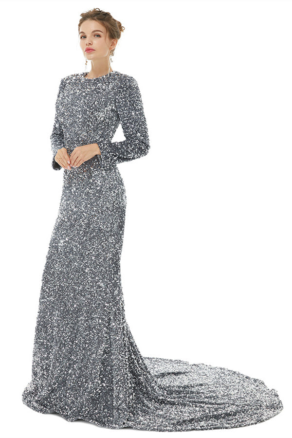 Elegant Long Sleeve Mermaid Sequins Black Formal Evening Dress with Overskirt