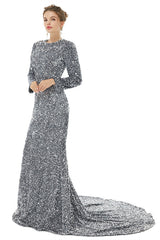 Elegant Long Sleeve Mermaid Sequins Black Formal Evening Dress with Overskirt