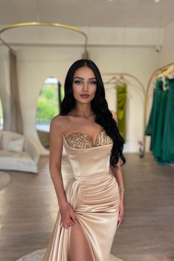 Elegant Long Mermaid Sweetheart Satin Beads Prom Dress with Slit