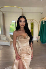 Elegant Long Mermaid Sweetheart Satin Beads Prom Dress with Slit
