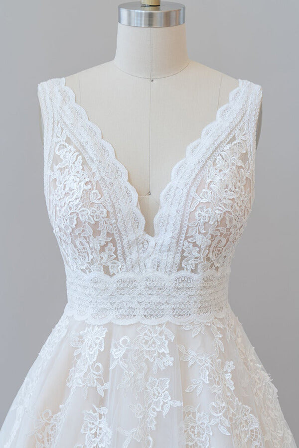 Elegant Long V-neck Appliques Lace Tulle A-line Wedding Dress