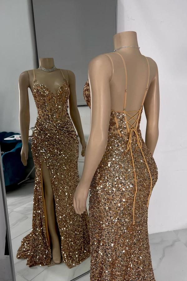 Mermaid Long Spaghetti Straps V Neck Backless Prom Dress with Slit