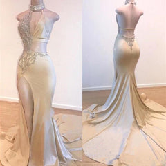 Long Mermaid Halter Satin Beading Split Front Backless Prom Dress