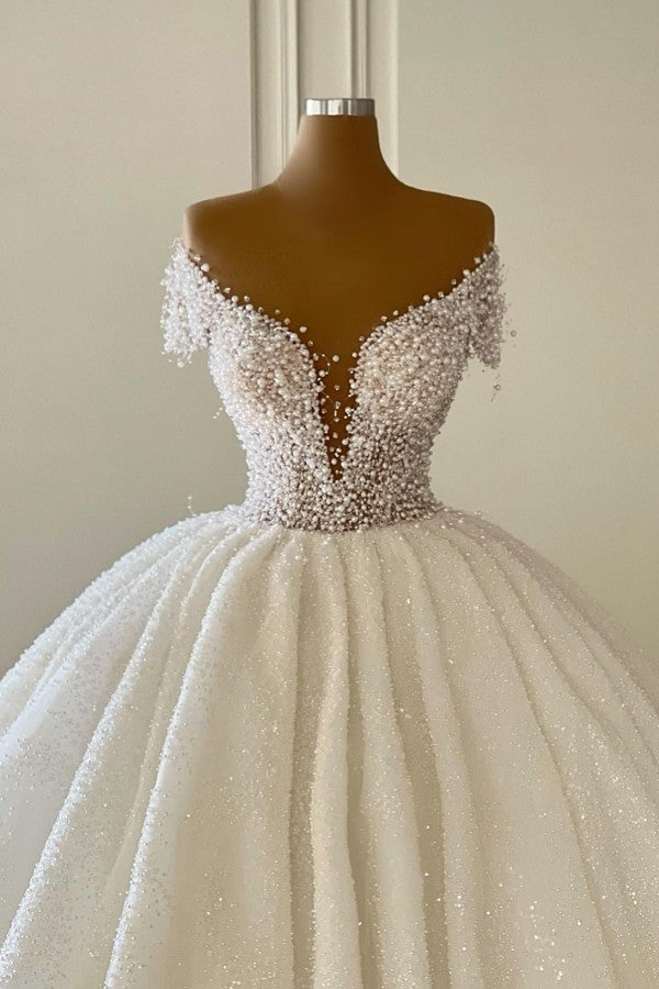 Gorgeous Long Off the Shoulder Strapless Ball Gown Wedding Dress with Ruffles