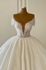 Gorgeous Long Off the Shoulder Strapless Ball Gown Wedding Dress with Ruffles