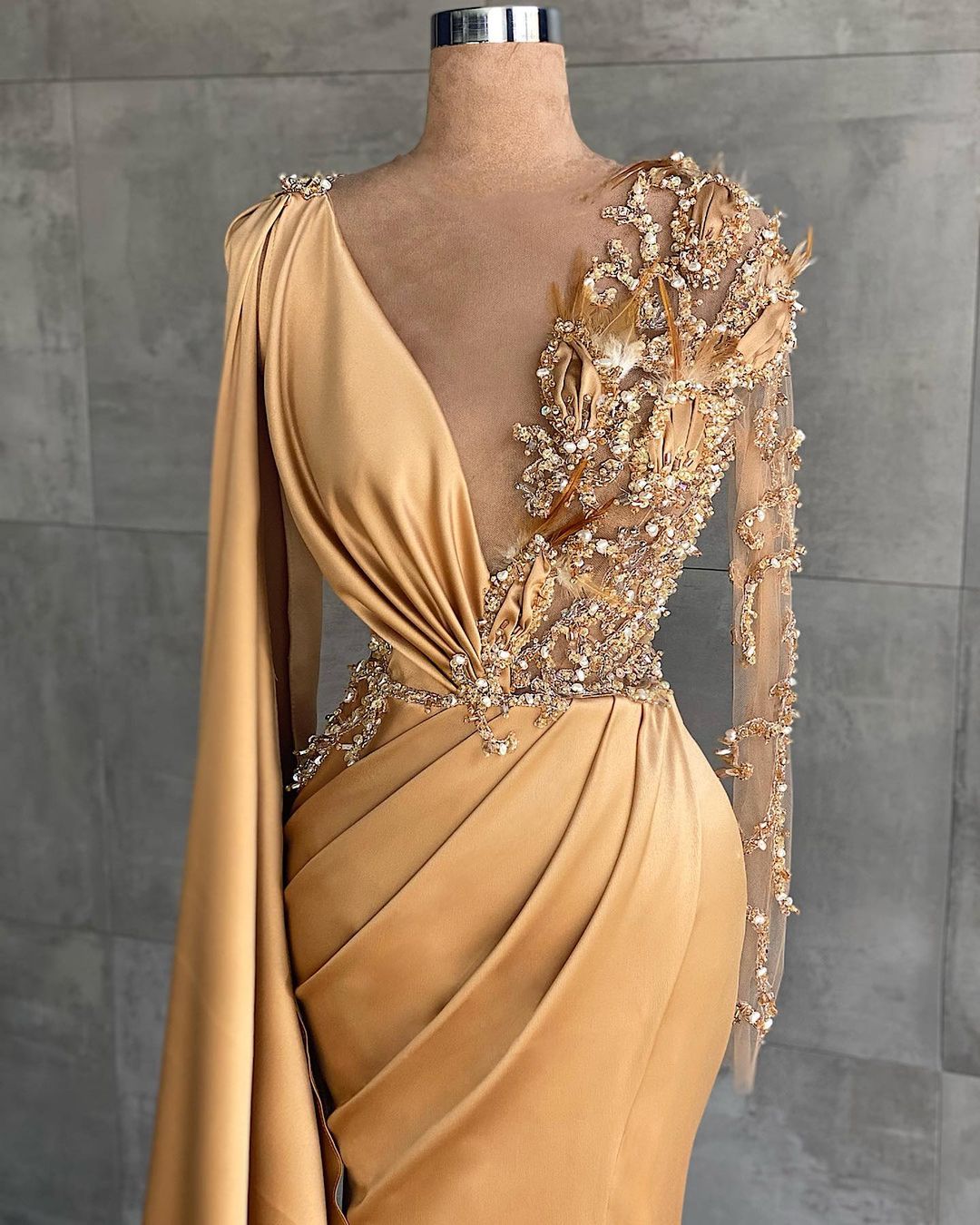 Elegant Mermaid Long Sleeves V-neck Side Slit Formal Evening Dress with Shawl
