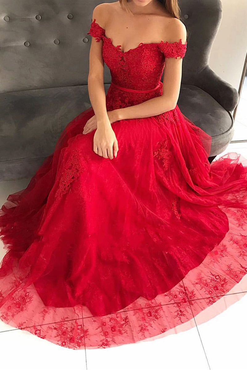 Long Off the Shoulder Lace A-line Ruffles Floor Length Prom Dress