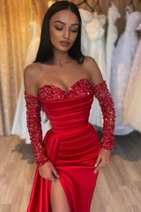 Long Mermaid Off the Shoulder Satin Front Slit Prom Dresses with Sleeves