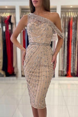 Short Mermaid One Shoulder Sparkle Beaded Tulle Party Dresses