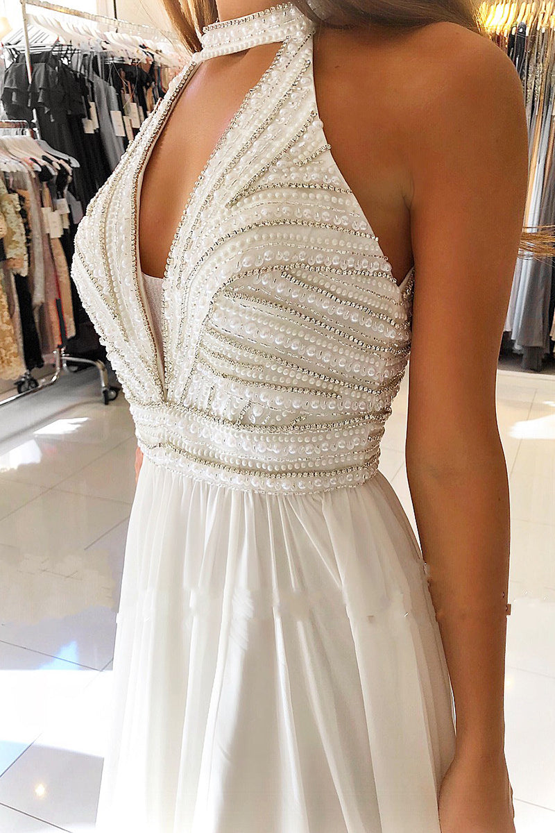 Long Halter Beading Keyhole Backless A-Line Prom Dress With Side Slit