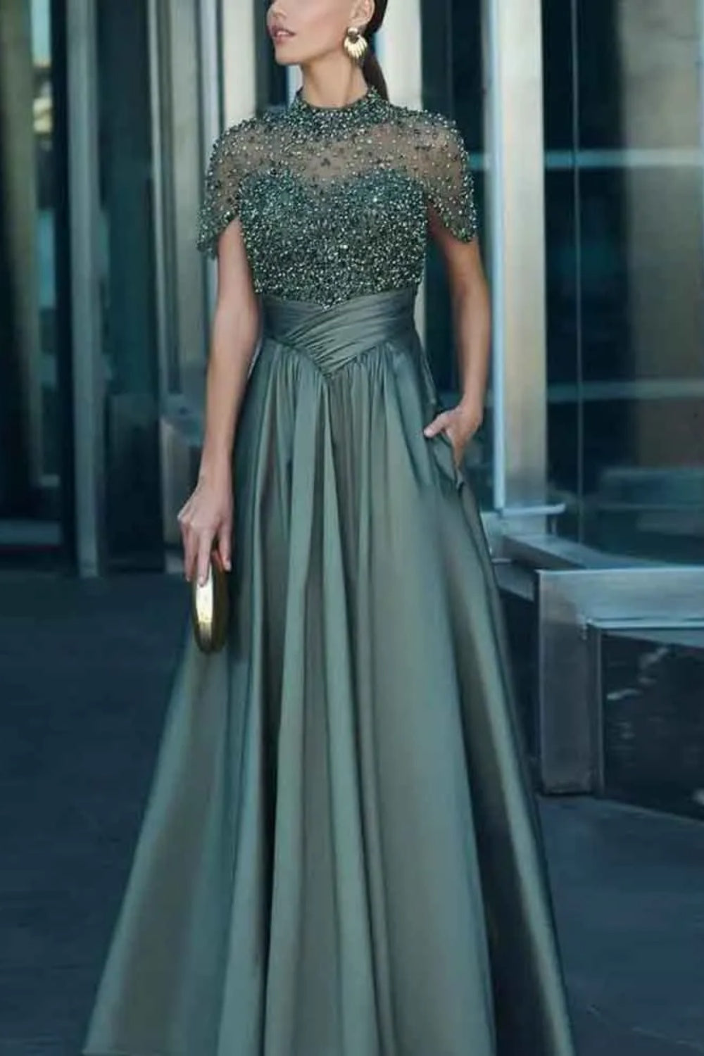 Elegant Illusion Neck Long A-line Formal Evening Dress with Pockets