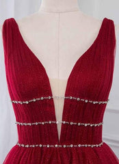 Burgundy Long V-neck Tulle A-line Burgundy Prom Dress