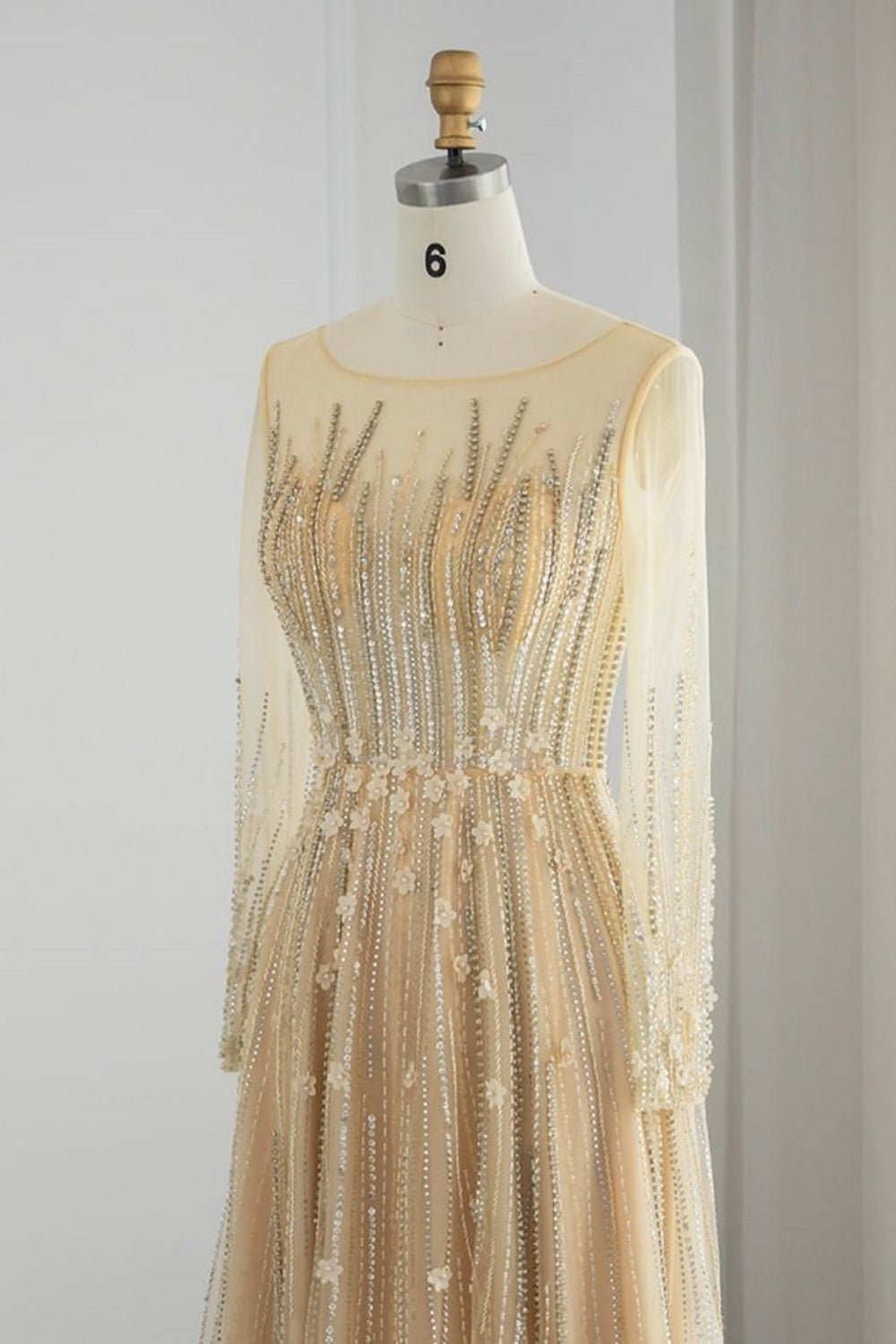 Long A-line Jewel Sequins Tulle Formal Prom Dresses with Sleeves