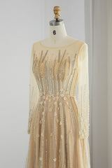 Long A-line Jewel Sequins Tulle Formal Prom Dresses with Sleeves