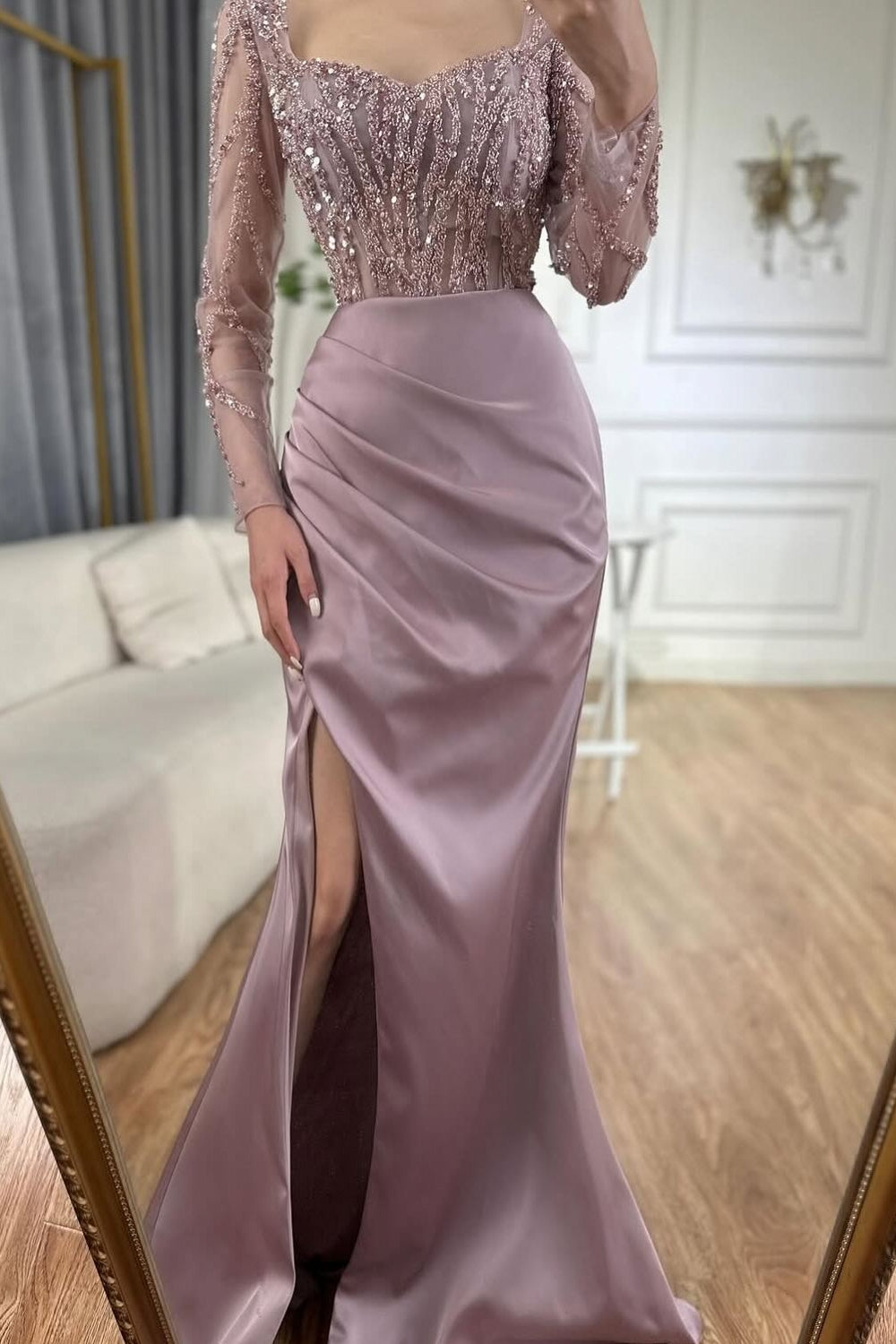 Long Sleeve Sequined Mermaid Formal Evening Dresses with Slit