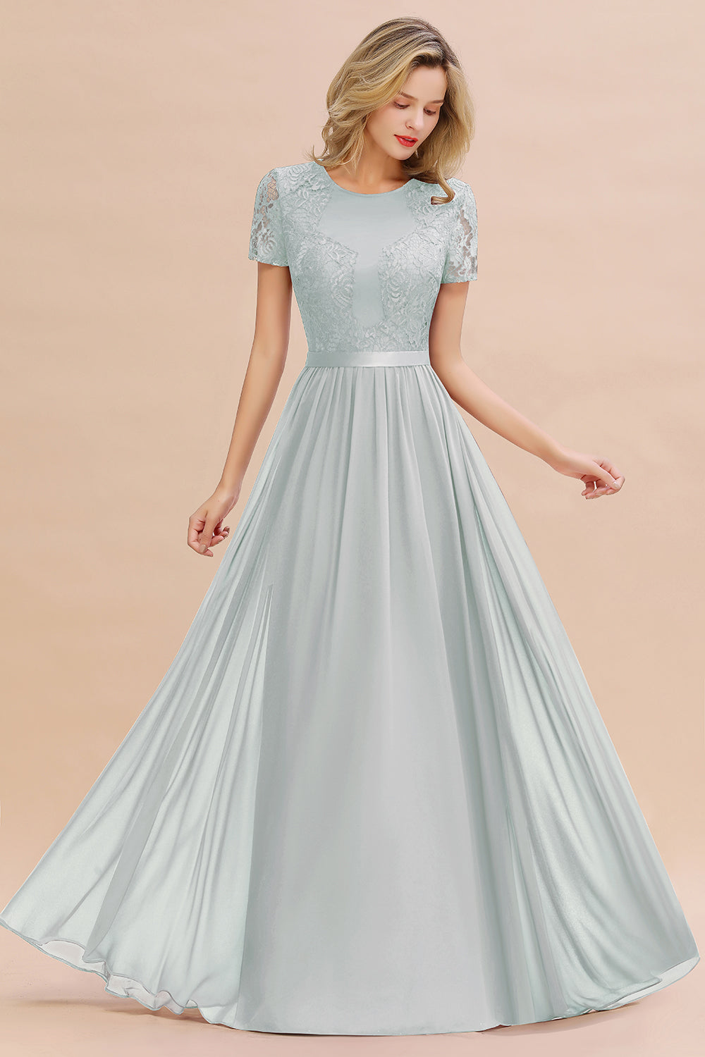 Chiffon Lace Scoop Short Sleeve Bridesmaid Dress