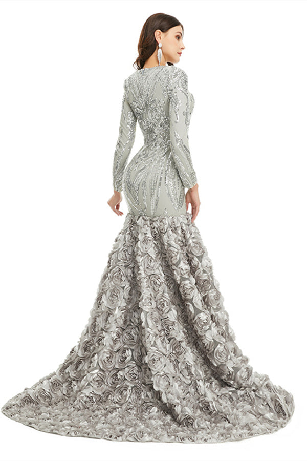 Charming Long Mermaid V-neck Satin Lace Formal Dress with Sleeves