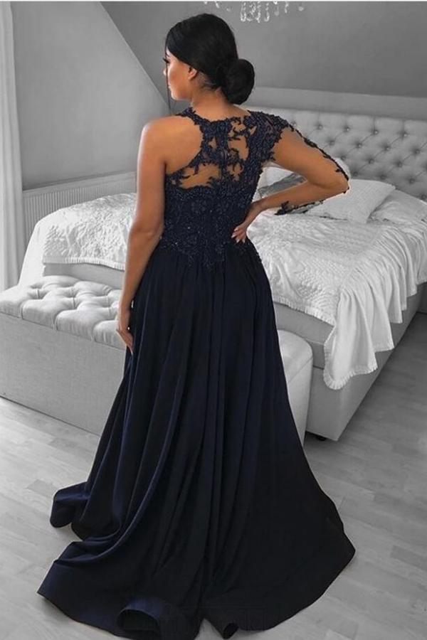 Long A-line Chiffon Front Slit Lace Prom Dress with Sleeves