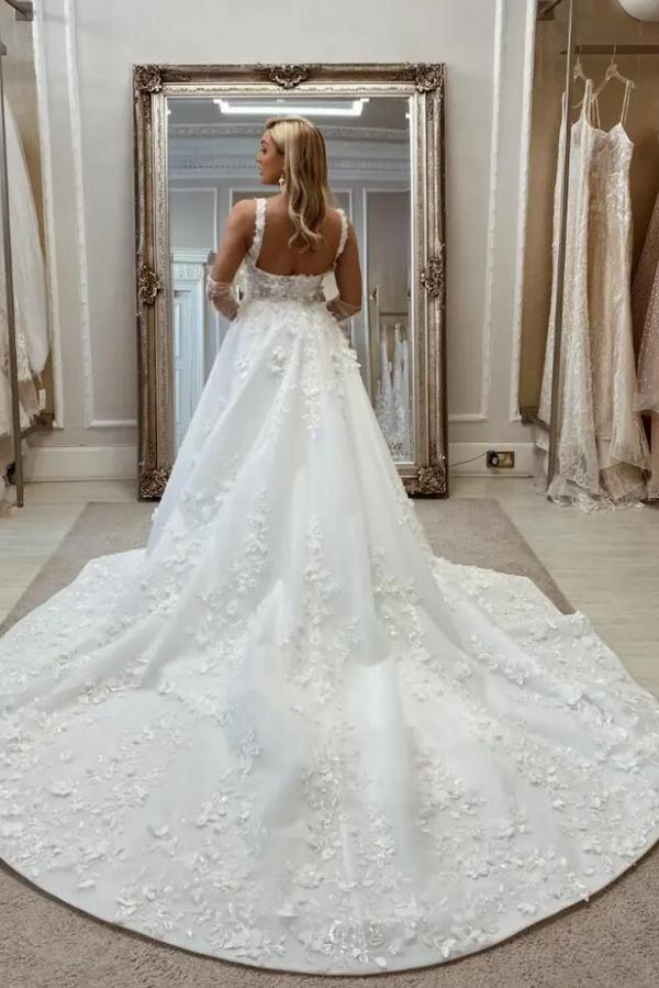 Long Mermaid Square Neck White Lace Wedding Dresses with Detachable Train