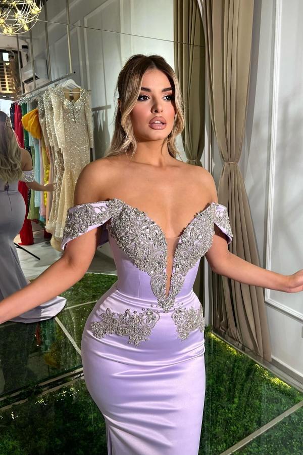 Long Off the Shoulder Mermaid Satin Beads Prom Dresses