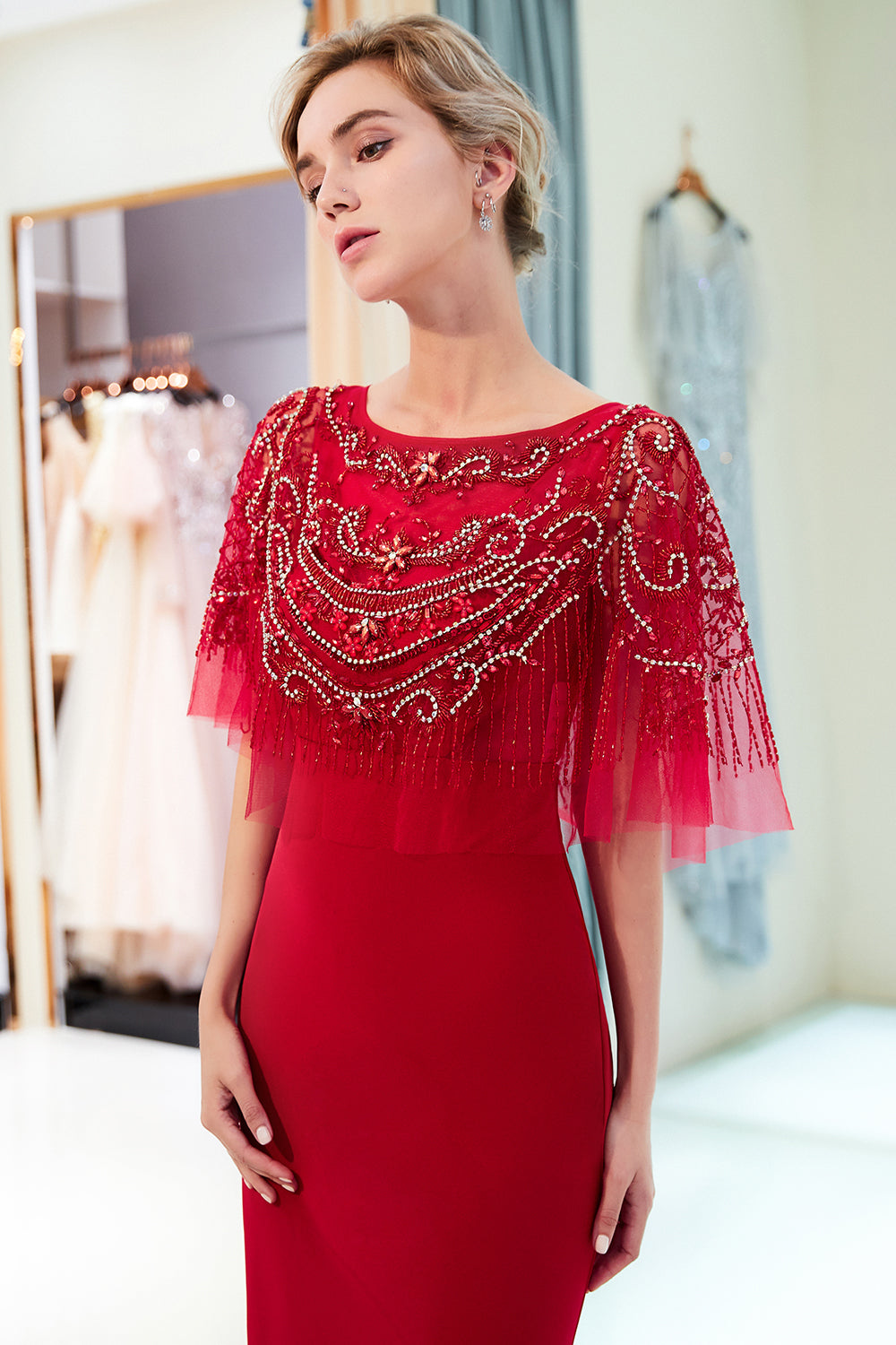 Red Long Jewel Satin Mermaid Formal Evening Dresses