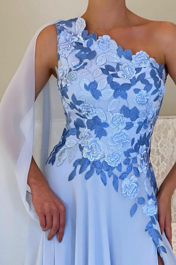 Long A-line One Shoulder Appliques Lace Evening Prom Dress with Slit