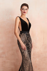 Backless V-neck Tulle Velvet Beading Mermaid Long Evening Formal Dress