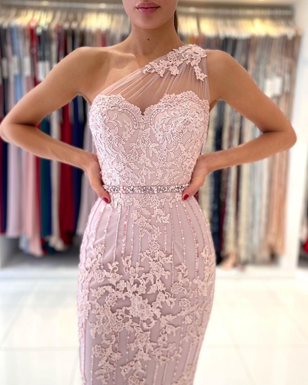 Simple Short Mermaid One Shoulder Floral Lace Slim Formal Party Dress