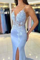 Long Mermaid V-Neck Spaghetti Straps Sleeveless Split Front Backless Prom Dresses