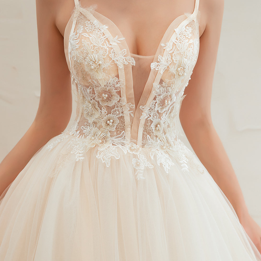 Elegant Long Appliques Lace Tulle A-line Wedding Dress