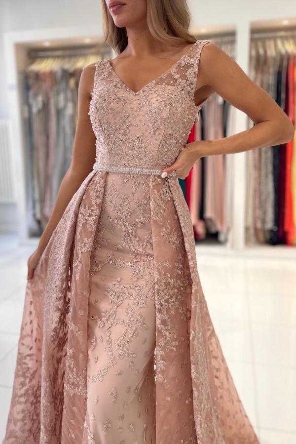 Elegant Long A-line V-neck Tulle Lace Appliques Formal Prom Dresses with Train
