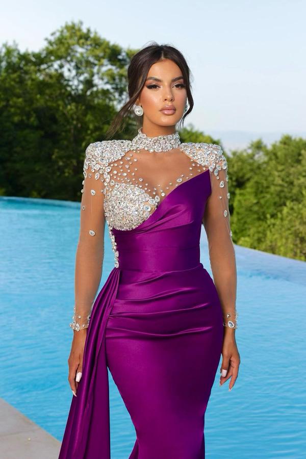 Elegant Long Mermaid High Neck Satin Beading Formal Prom Dresses with Sleeves