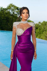 Elegant Long Mermaid High Neck Satin Beading Formal Prom Dresses with Sleeves
