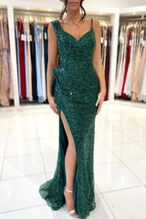 Sparkly Long Mermaid V-neck Sequins Formal Prom Dress with Slit